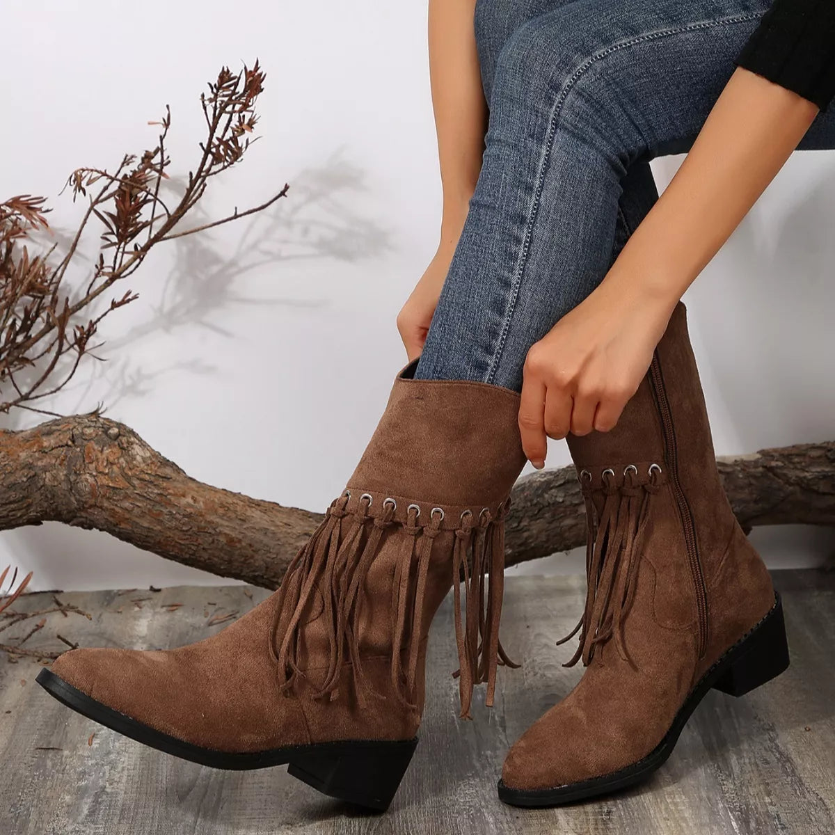 Fringe Western Block Heel Boots – view 7 | Lola Mariee