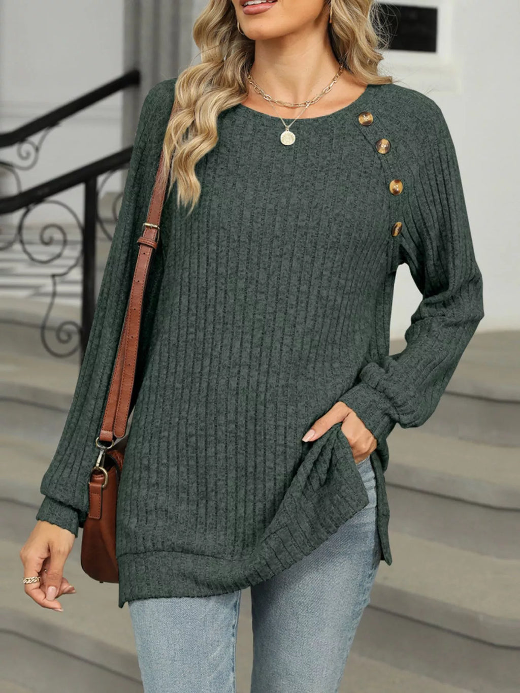 Round Neck Side Slit Ribbed Knit Top with Asymmetric Button Detail - Trendsi | Lola Mariee