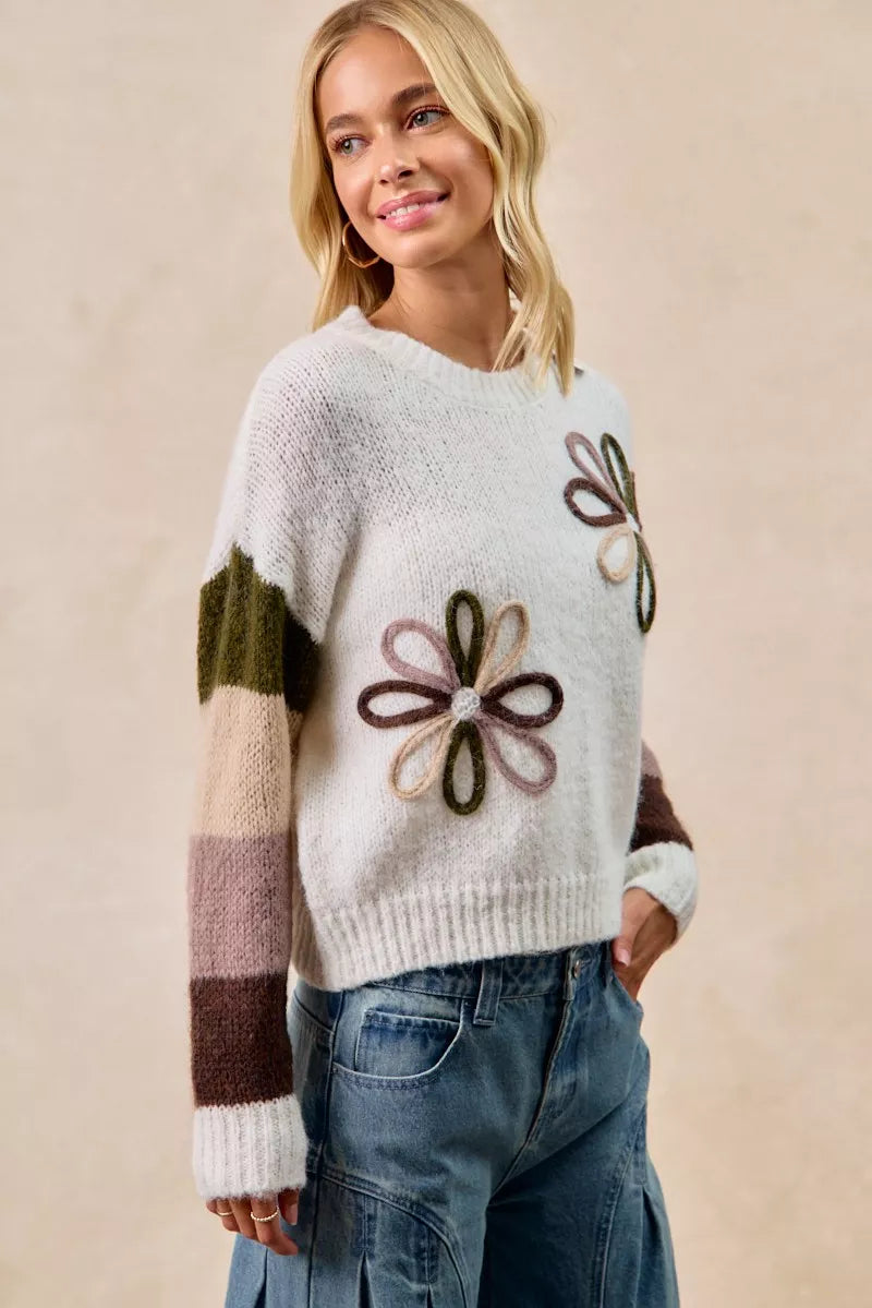 BiBi Flower Color Block Sweater - Trendsi | Lola Mariee