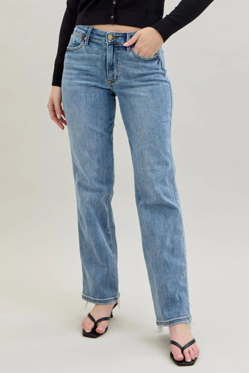 Judy Blue Frayed Hem Cell Phone Pocket Dad Jeans - women's bottoms at Lola Mariee boutique