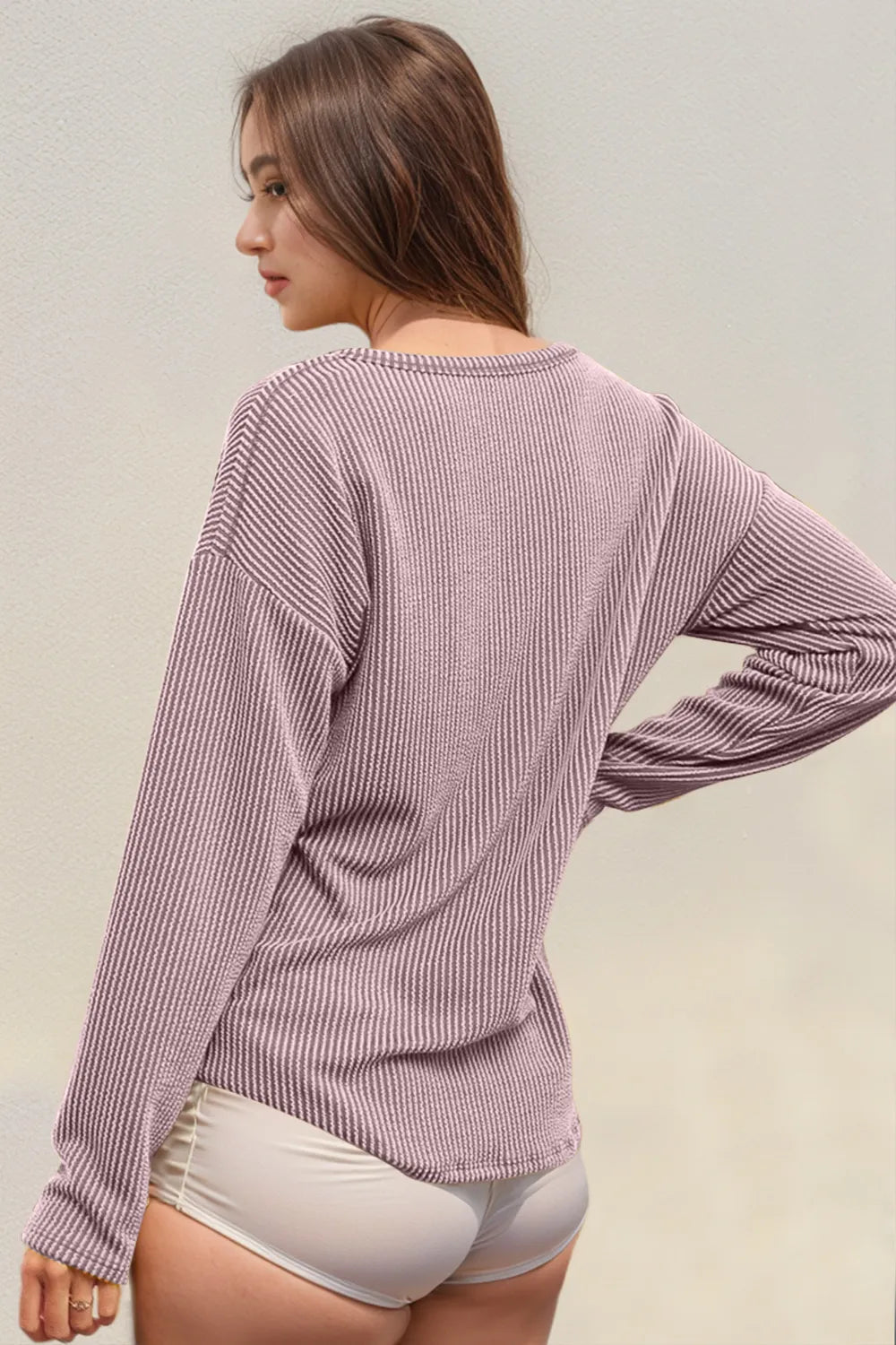 Double Take Striped Notched Long Sleeve T-Shirt – view 10 | Lola Mariee