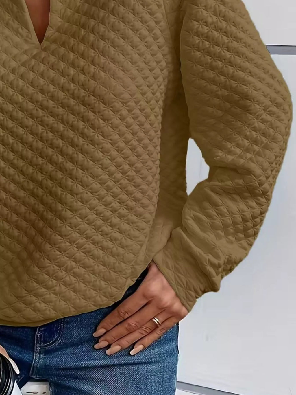Textured Notched Raglan Sleeve Sweatshirt - Trendsi | Lola Mariee