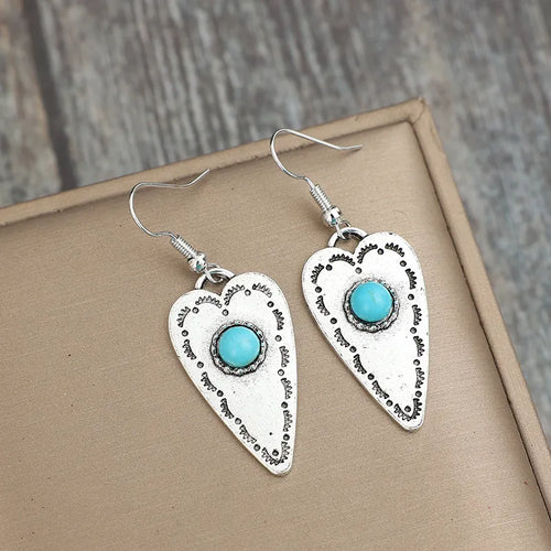 Alloy Turquoise Heart Dangle Earrings – view 2 | Lola Mariee