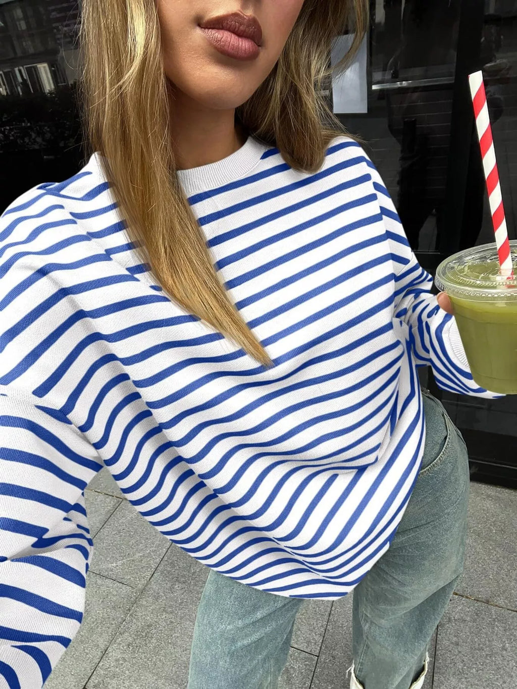 Striped Round Neck Oversized Casual Sweatshirt - Trendsi | Lola Mariee