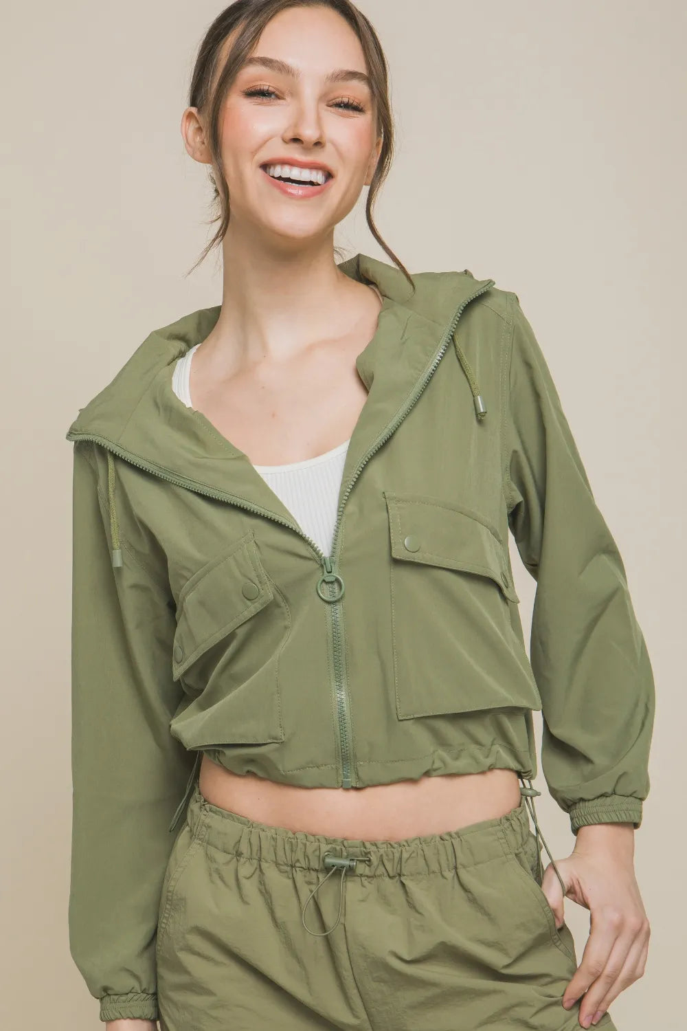Love Tree Drawstring Hem Hooded Zip-Up Jacket - women's jacket at Lola Mariee boutique