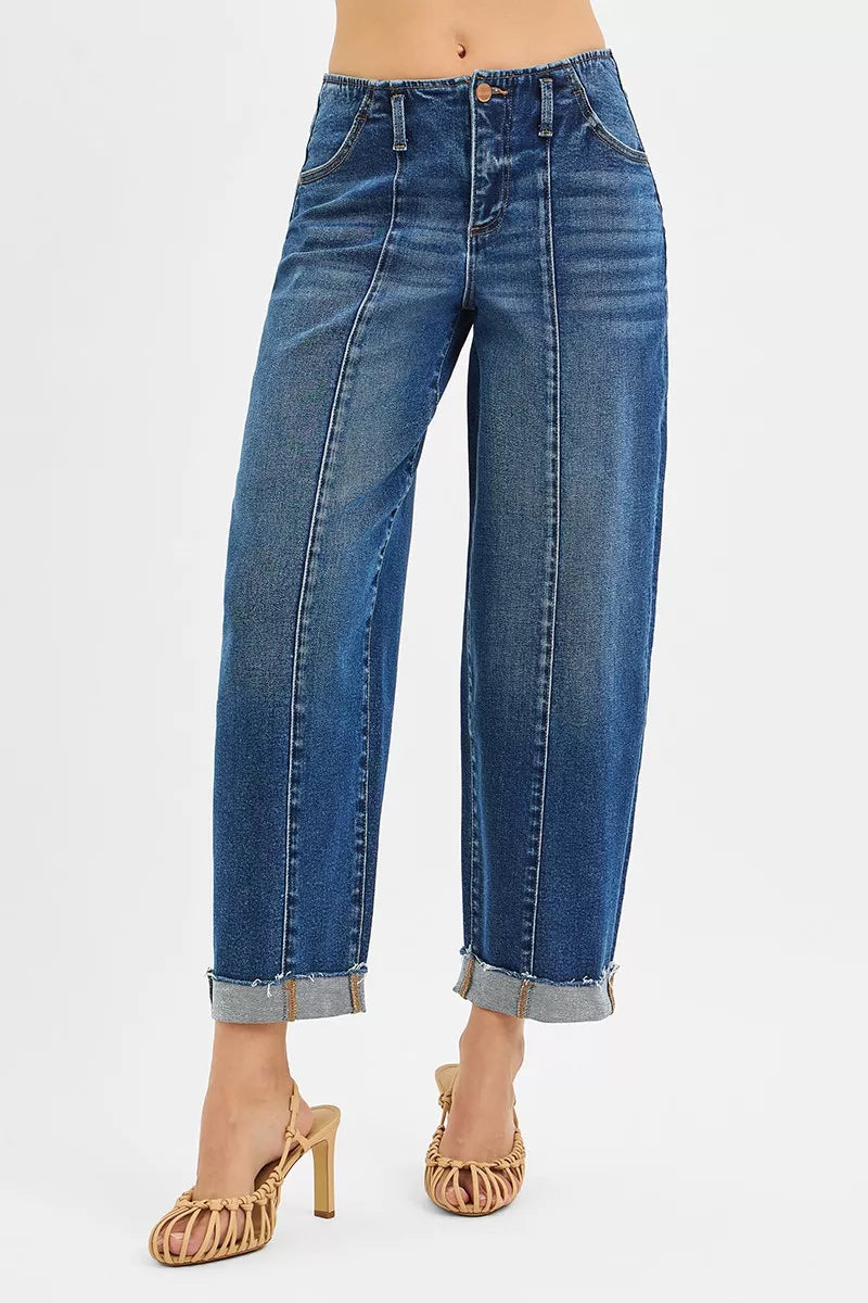 RISEN High Rise Fit Barrel Cuffed Jeans - women's bottoms at Lola Mariee boutique
