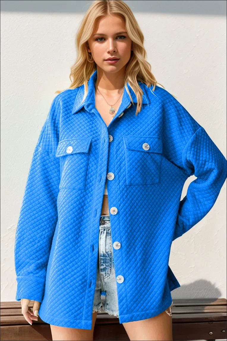 Double Take Full Size Textured Button Up Drop Shoulder Shacket – view 3 | Lola Mariee