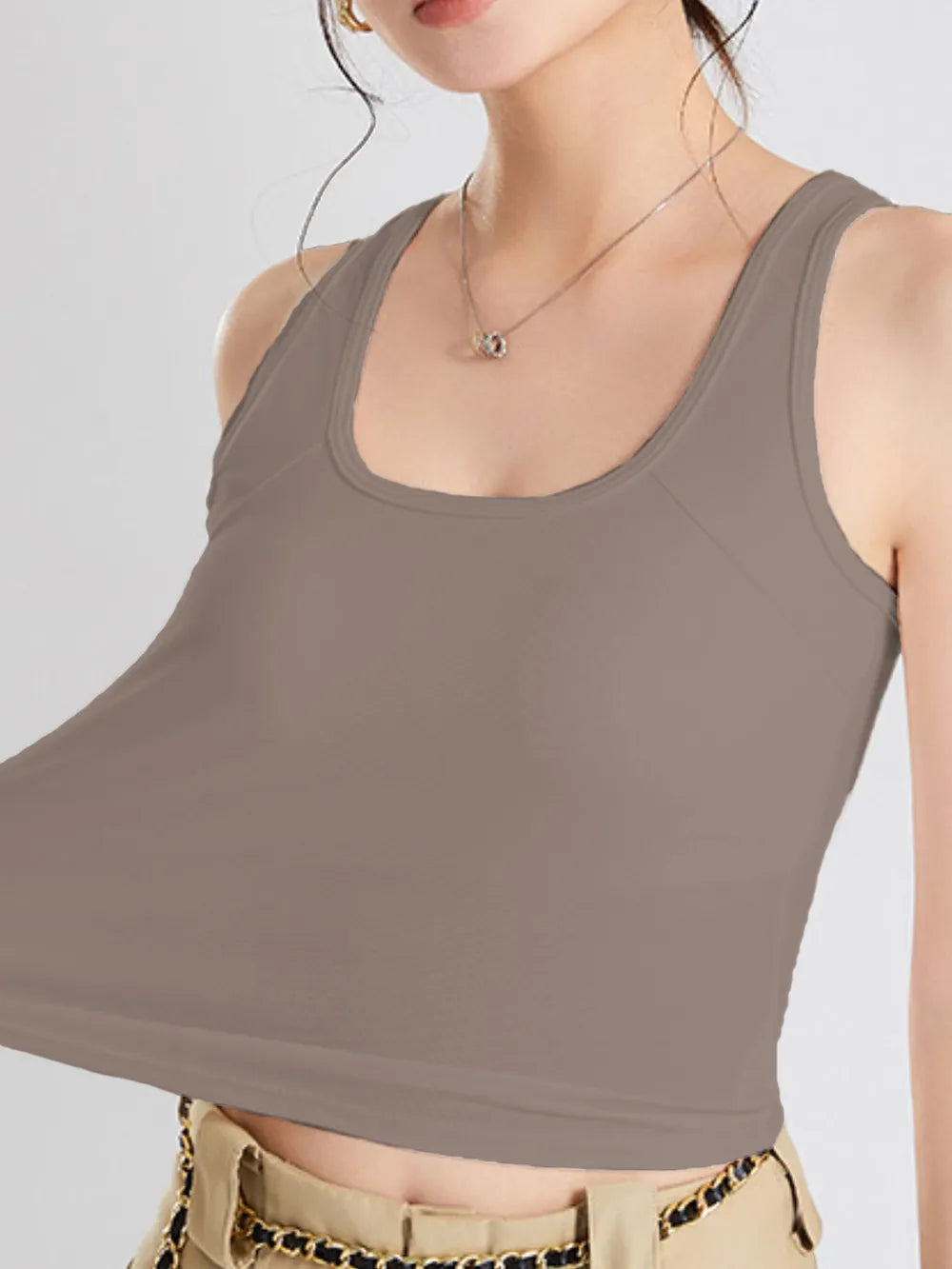 Crisscross Scoop Neck Wide Strap Cropped Tank with Chest Pads – view 9 | Lola Mariee
