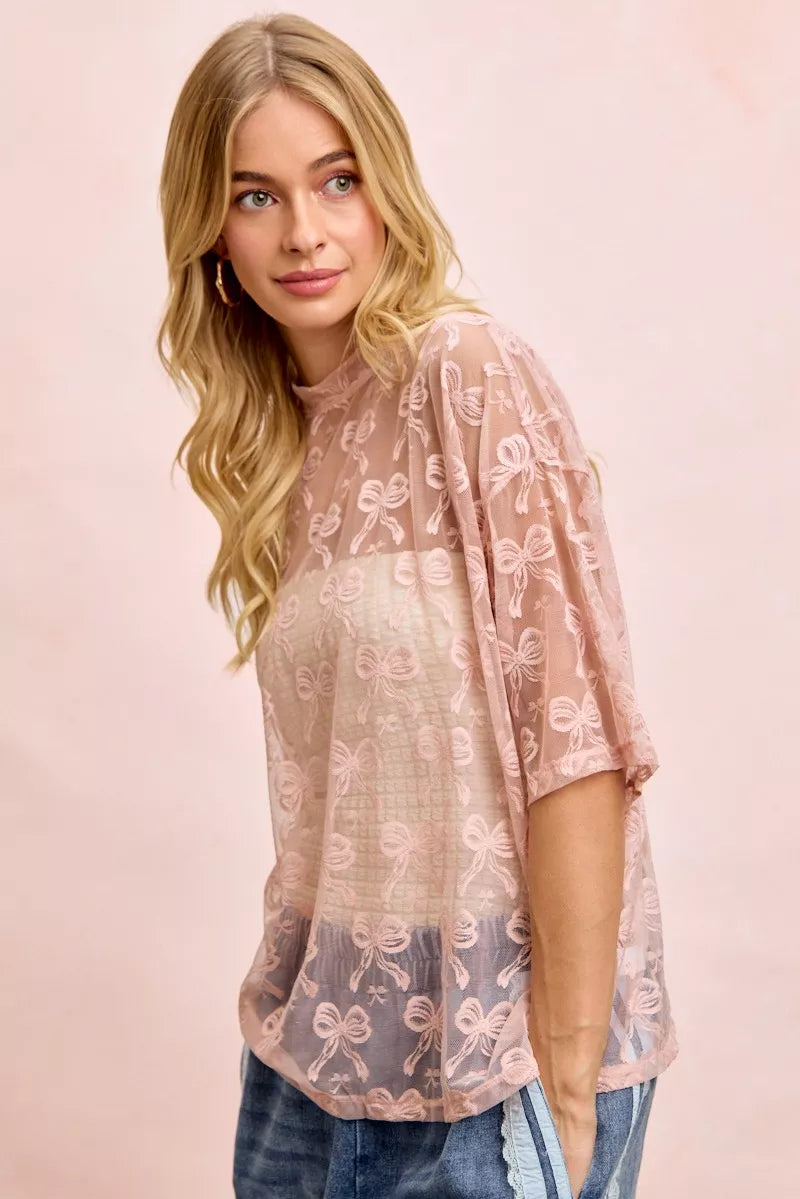 BiBi Bow Pattern Short Sleeves Boxy Mesh Top - Trendsi | Lola Mariee