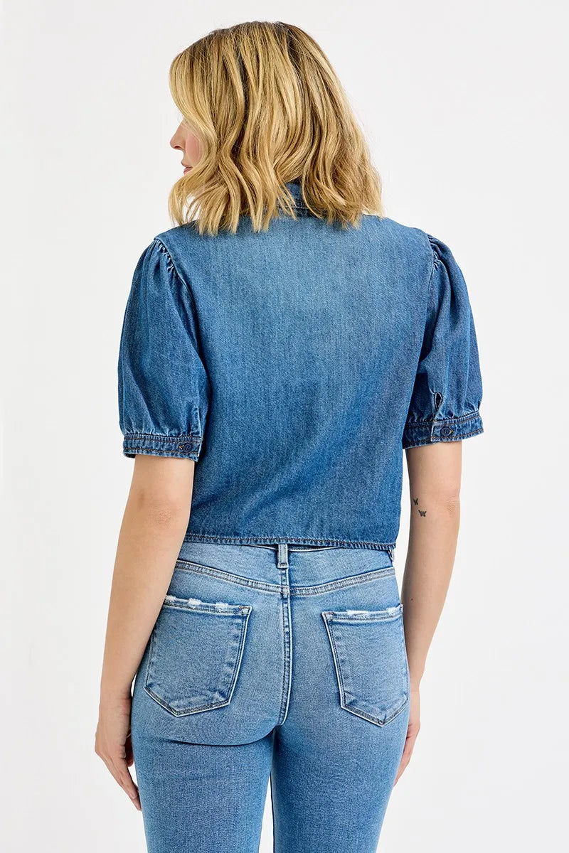 RISEN Button Down Puff Sleeve Crop Denim Shirt - LOLA MARIEE | Lola Mariee