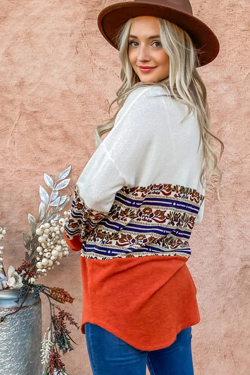 And The Why Ethnic Print Color Block Top – view 2 | Lola Mariee