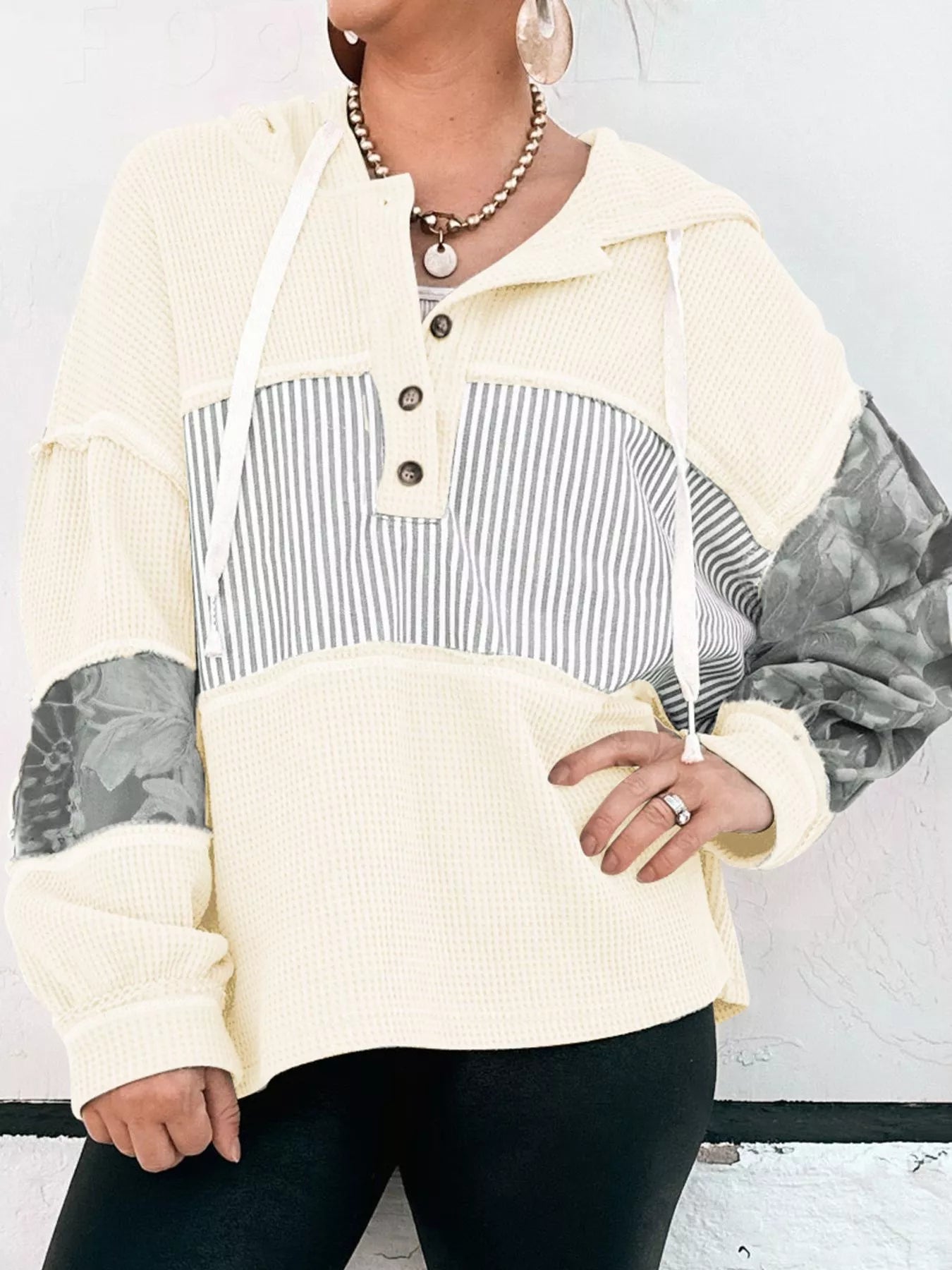 Waffle Knit Striped Drawstring Hoodie – view 4 | Lola Mariee