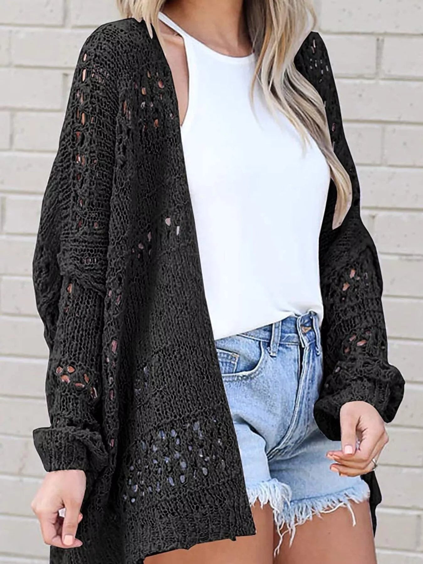 Openwork Open Front Lightweight Cardigan – view 10 | Lola Mariee