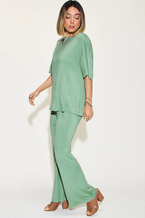 Basic Bae Full Size Bamboo Drop Shoulder T-Shirt and Flare Pants Set – view 2 | Lola Mariee