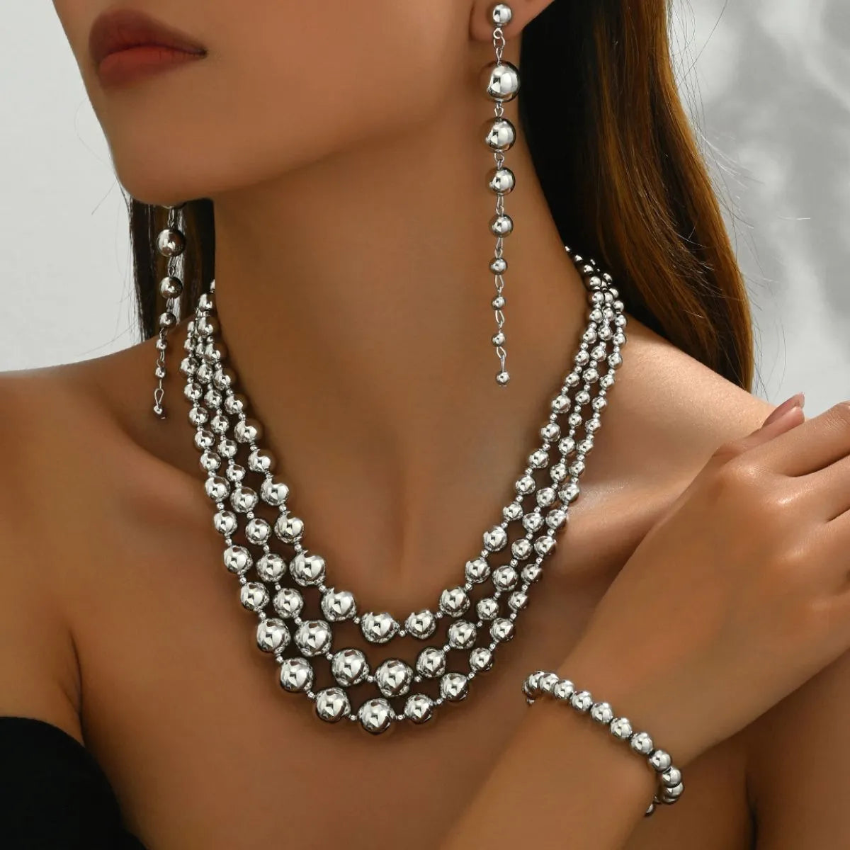 18K Stainless Steel Beaded Multi-Layered Necklace Bracelet Earrings Jewelry Set – view 5 | Lola Mariee