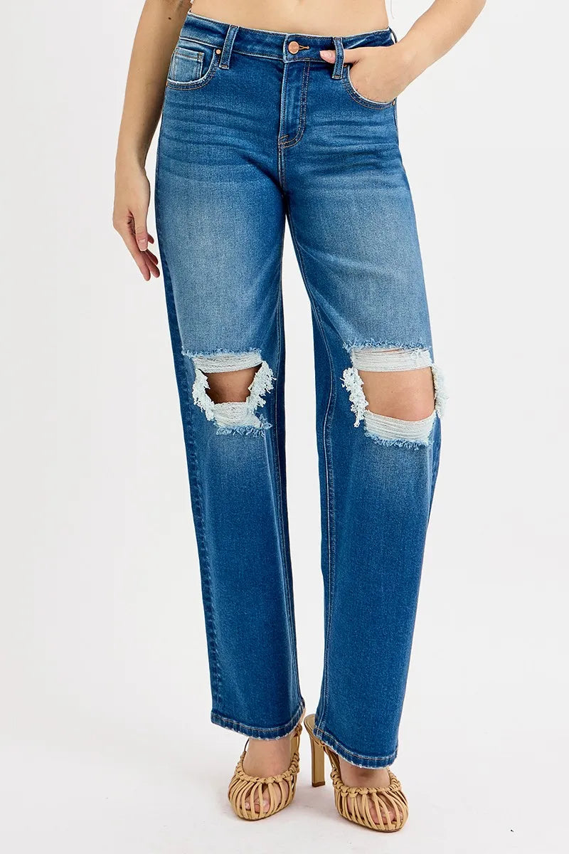 RISEN Full Size Mid Waist Fit Boyfriend Knee Distressed Jeans Plus Size - women's bottoms at Lola Mariee boutique