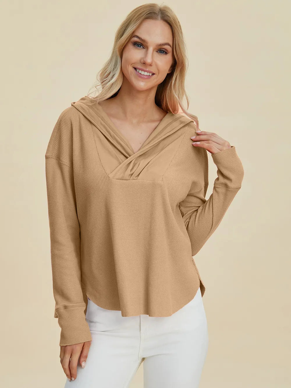 Double Take Full Size High-Low Dropped Shoulder Long Sleeve Hoodie – view 8 | Lola Mariee