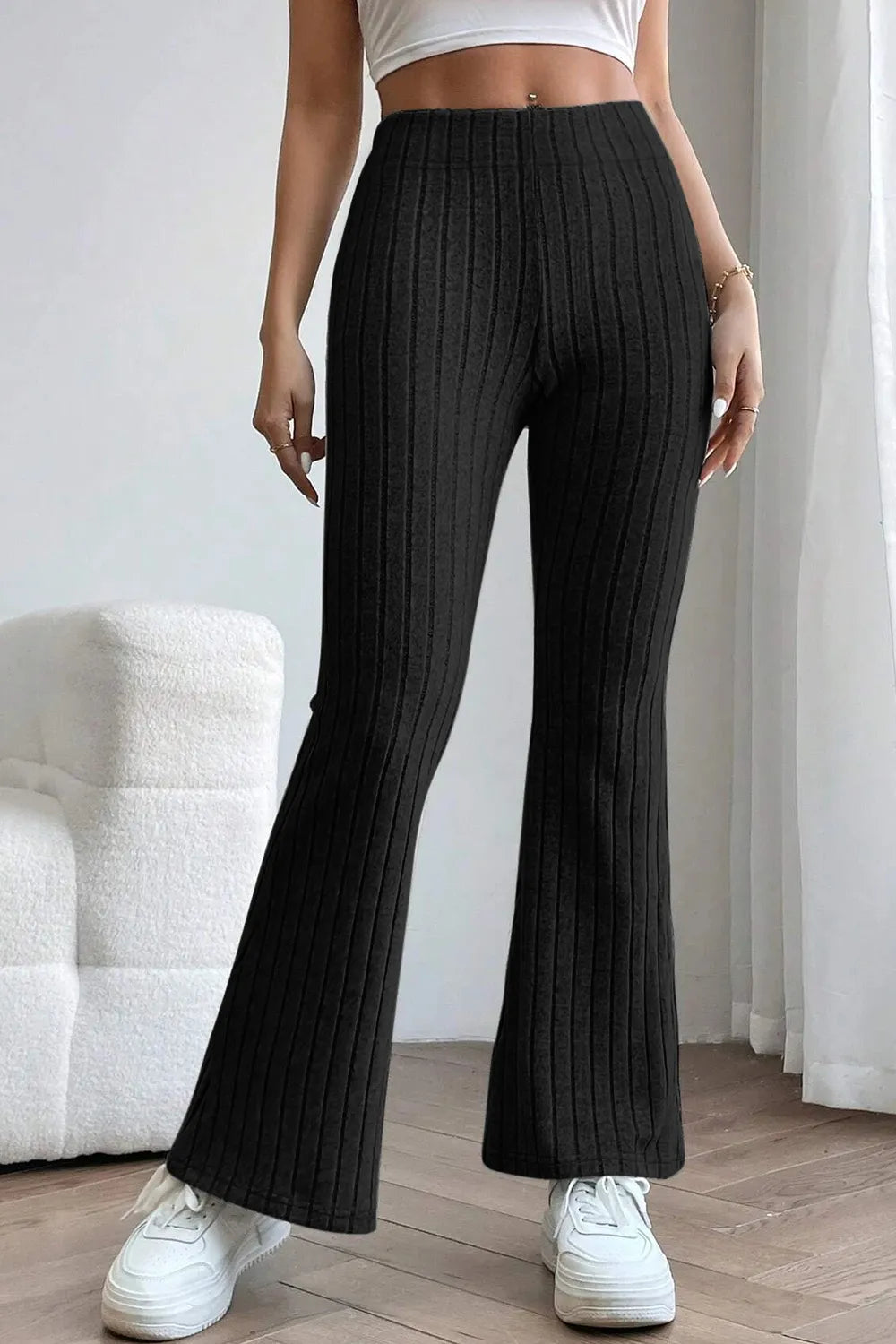 Basic Bae Full Size Ribbed High Waist Flare Pants | Lola Mariee