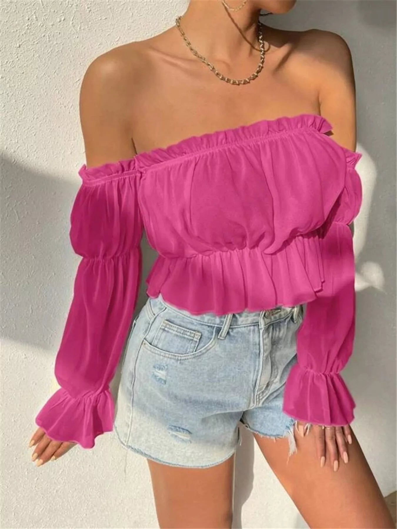Off-Shoulder Ruffle Trim Sheer Cropped Blouse – view 6 | Lola Mariee