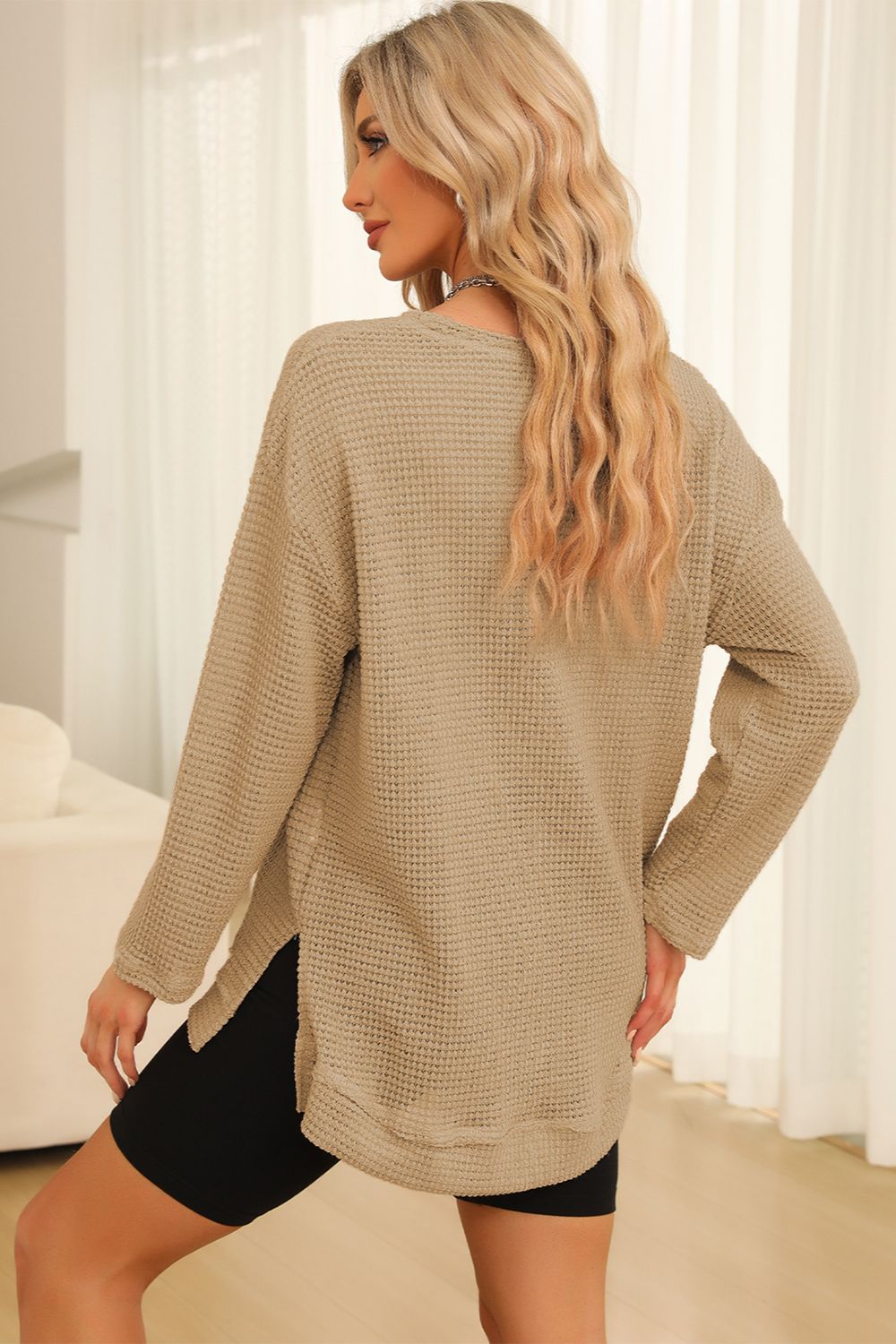 Waffle-Knit Round Neck Long Sleeve Sweatshirt - Trendsi | Lola Mariee