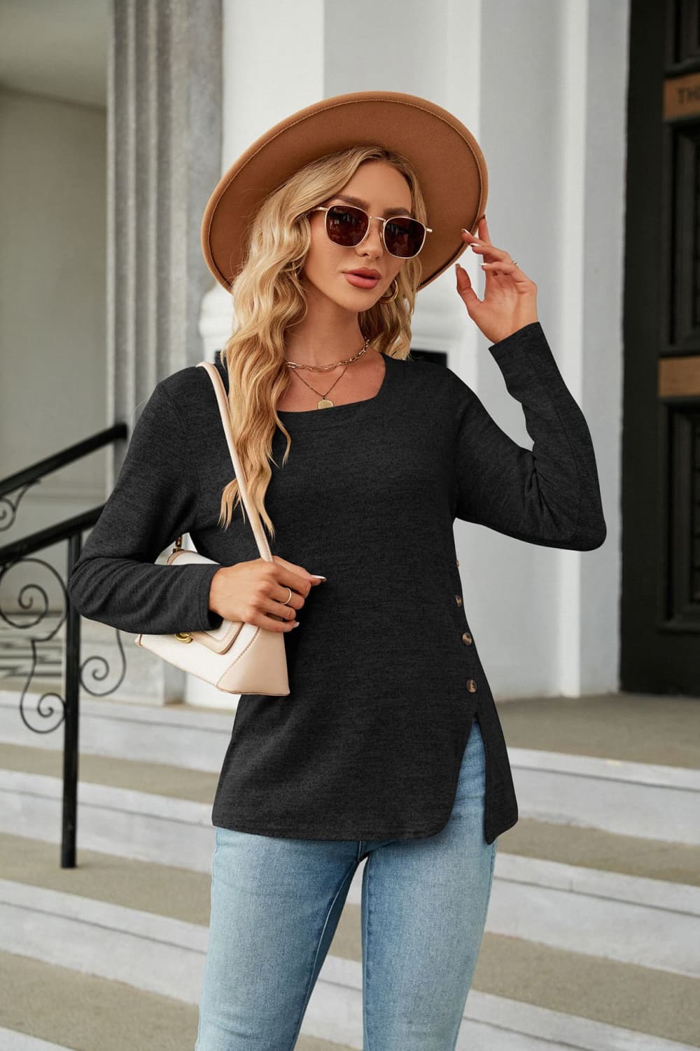 Square Neck Long Sleeve Slit T-Shirt - Trendsi | Lola Mariee