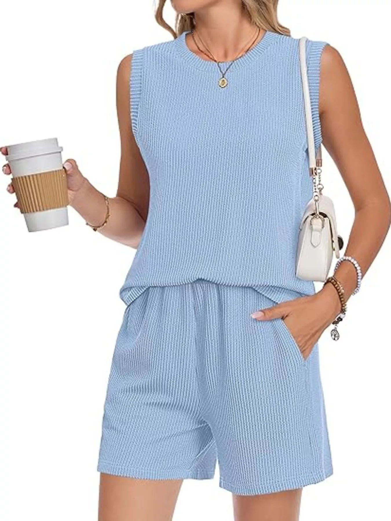 Casual Ribbed Knit Sleeveless Top and Shorts Set - Trendsi | Lola Mariee