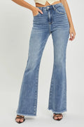 RISEN Full Size High Waist Raw Hem Flare Jeans - women's bottoms at Lola Mariee boutique