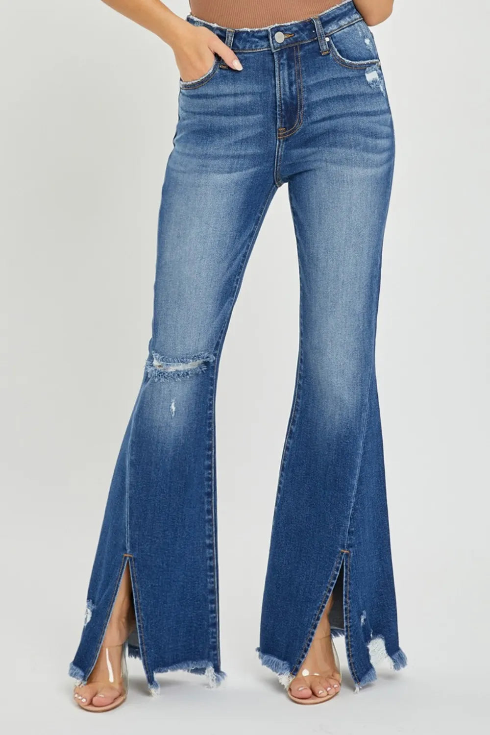 RISEN Full Size High Rise Front Slit Frayed Hem Flare Jeans - women's bottoms at Lola Mariee boutique