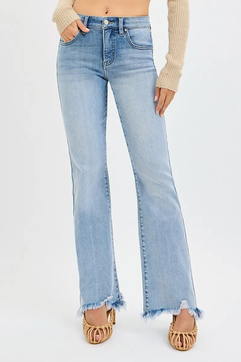 RISEN Full Size Tummy Control Mid Rise Flare Jeans with Fray Hem Detailed Plus Size - women's bottoms at Lola Mariee boutique