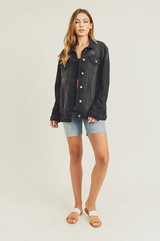 RISEN Full Size Distressed Long Sleeve Denim Jacket - LOLA MARIEE | Lola Mariee