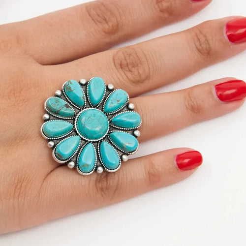 Artificial Turquoise Alloy Flower Ring – view 2 | Lola Mariee