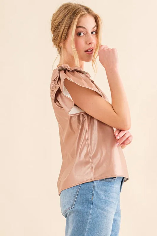 And The Why Faux Leather Ruffle Sleeves V Neck Top – view 2 | Lola Mariee