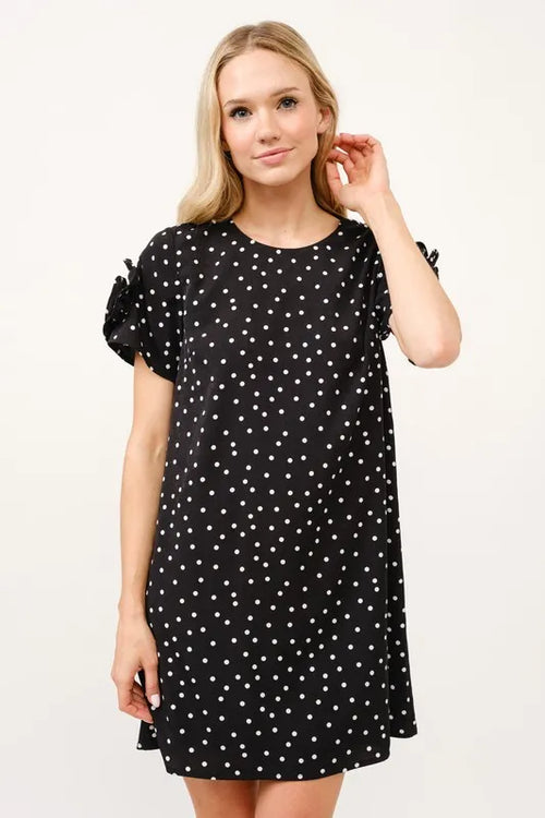 And The Why Embellished Sleeve Polka Dots Shift Dress – view 2 | Lola Mariee