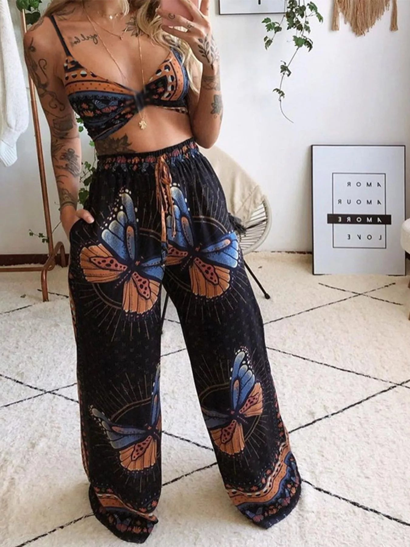 Boho Butterfly Print Top and Pants Set – view 4 | Lola Mariee