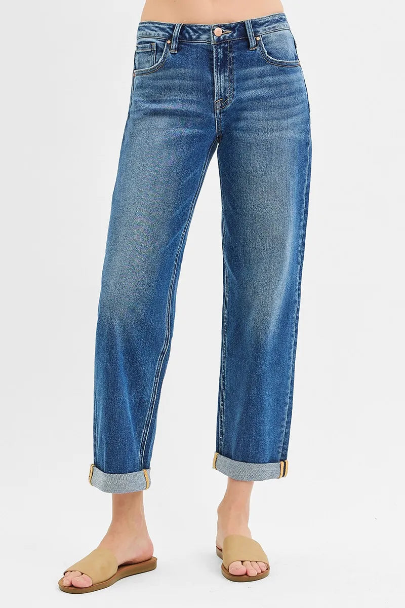 RISEN Full Size Mid Rise Boyfriend Roll Up Jeans Plus Size - women's bottoms at Lola Mariee boutique