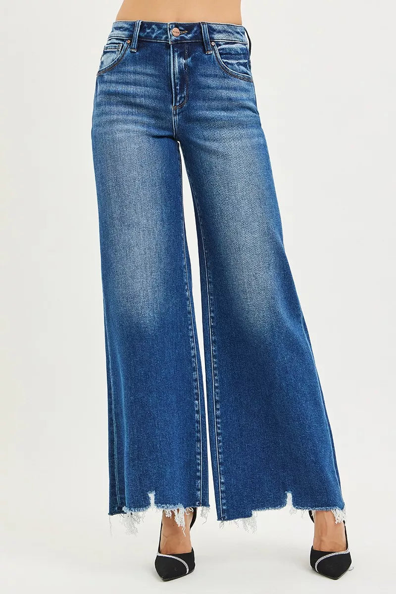 RISEN High Rise Wide Leg Jeans with Distressed Hem - women's bottoms at Lola Mariee boutique