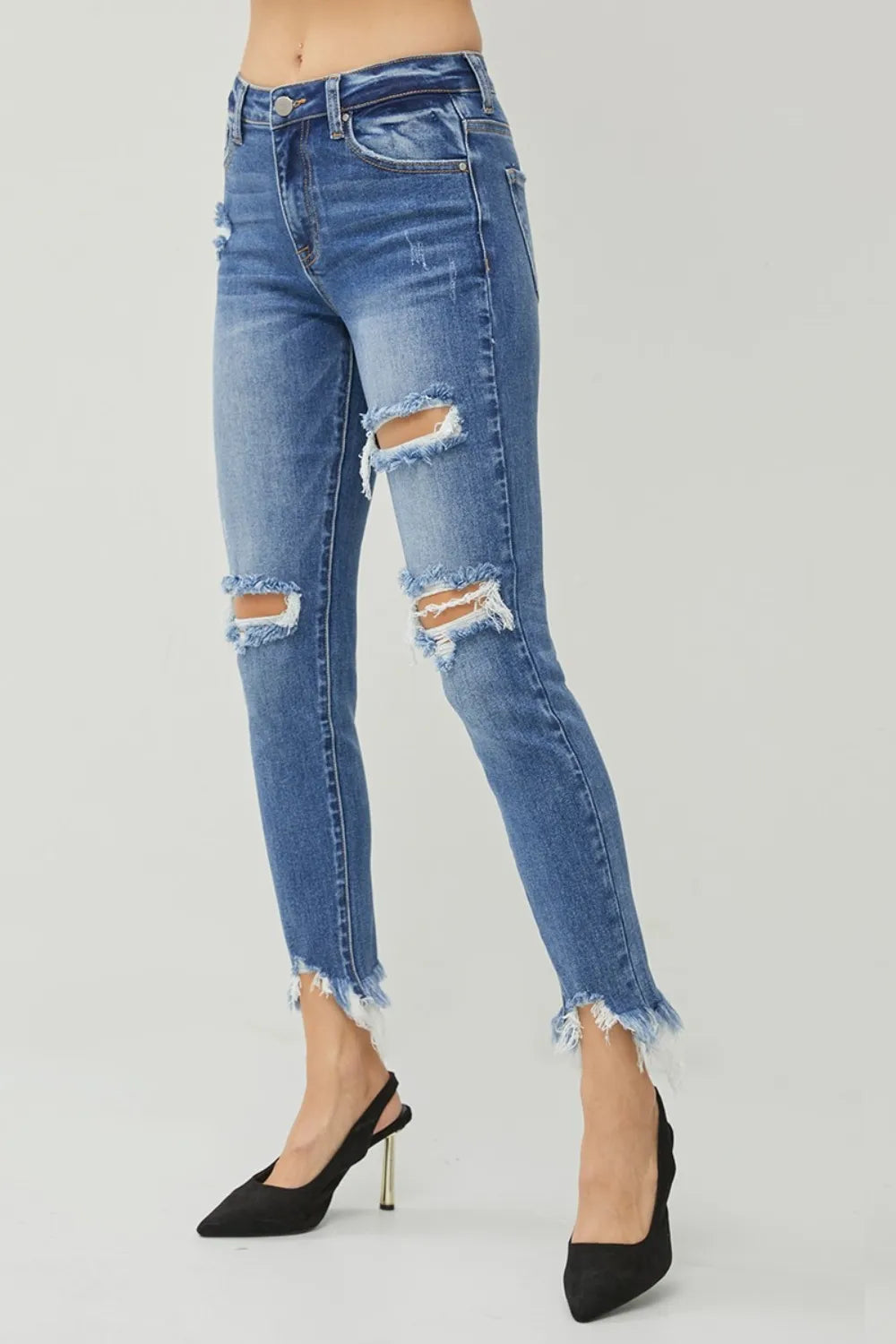 RISEN Distressed Frayed Hem Slim Jeans - LOLA MARIEE | Lola Mariee