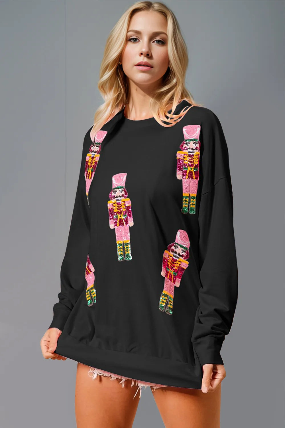 Double Take Sequin Nutcracker Round Neck Long Sleeve Sweatshirt – view 3 | Lola Mariee