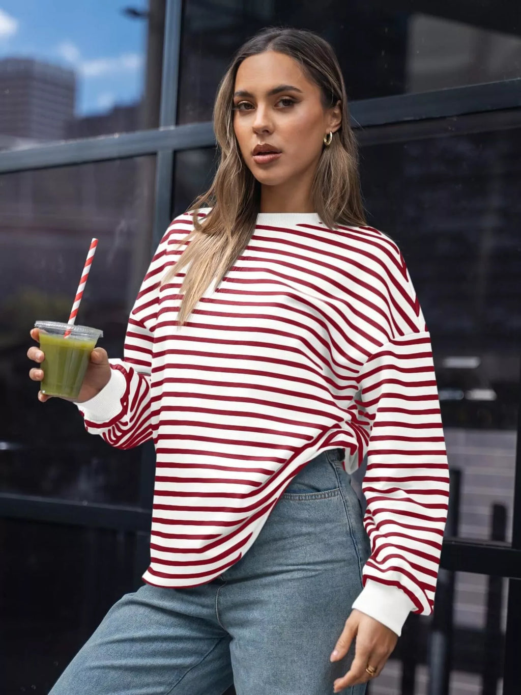 Striped Round Neck Oversized Casual Sweatshirt - Trendsi | Lola Mariee