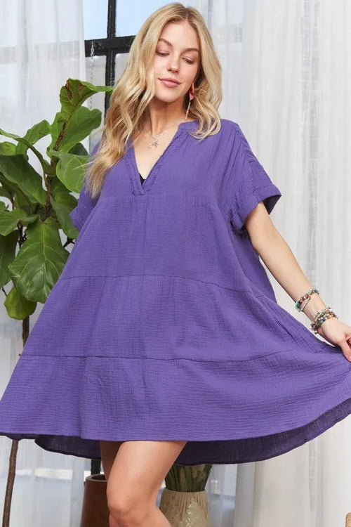 ADORA Tiered Notched Short Sleeve Dress | Lola Mariee