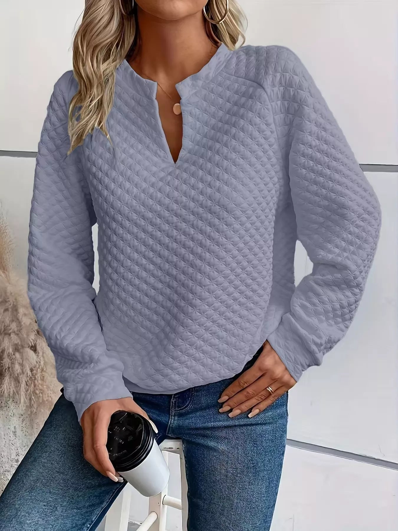 Textured Notched Raglan Sleeve Sweatshirt - Trendsi | Lola Mariee