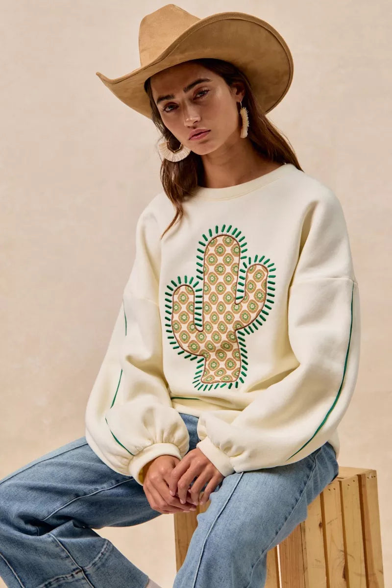 BiBi Cactus Embroidered Fleece Sweatshirt - Trendsi | Lola Mariee