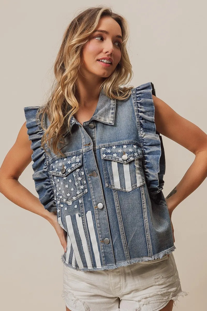 BiBi American Flag Washed Denim Jacket - Trendsi | Lola Mariee