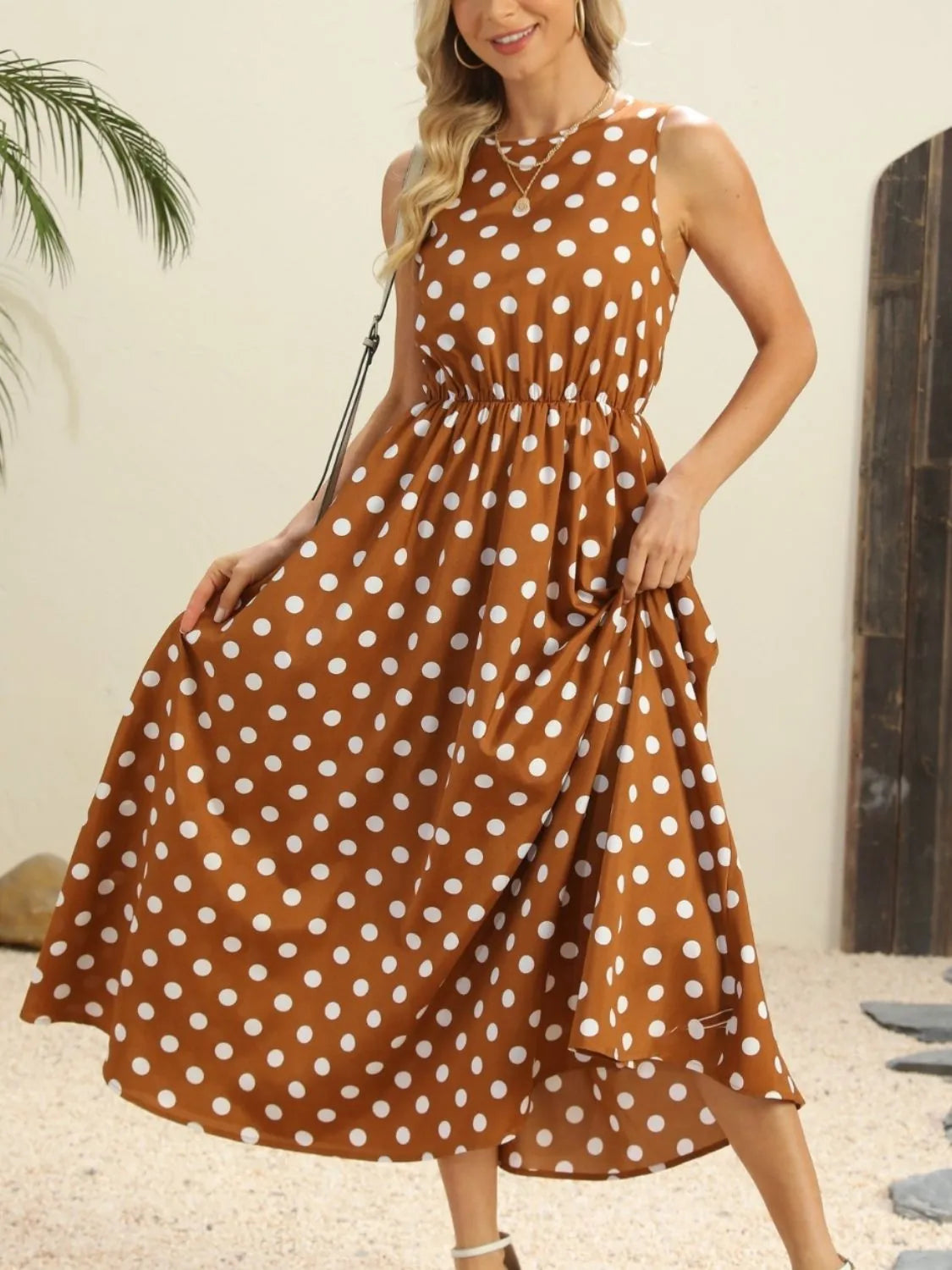 Polka Dot Round Neck Sleeveless Midi Dress – view 5 | Lola Mariee