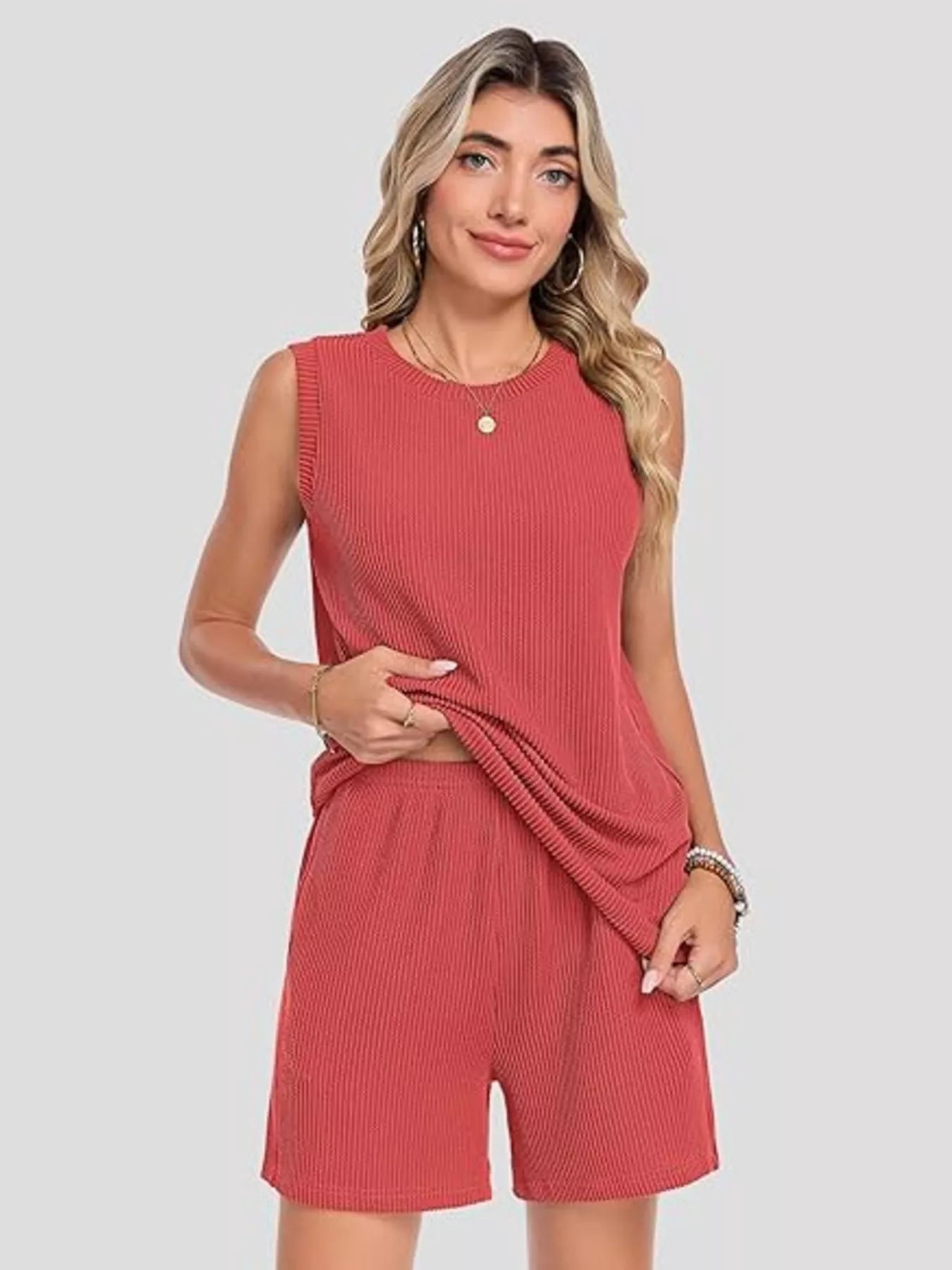 Casual Ribbed Knit Sleeveless Top and Shorts Set - Trendsi | Lola Mariee
