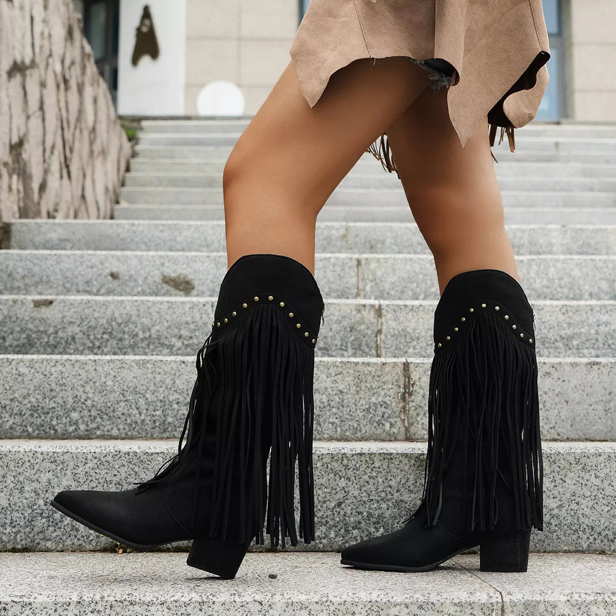 Fringe Point Toe Block Heels Boots – view 6 | Lola Mariee