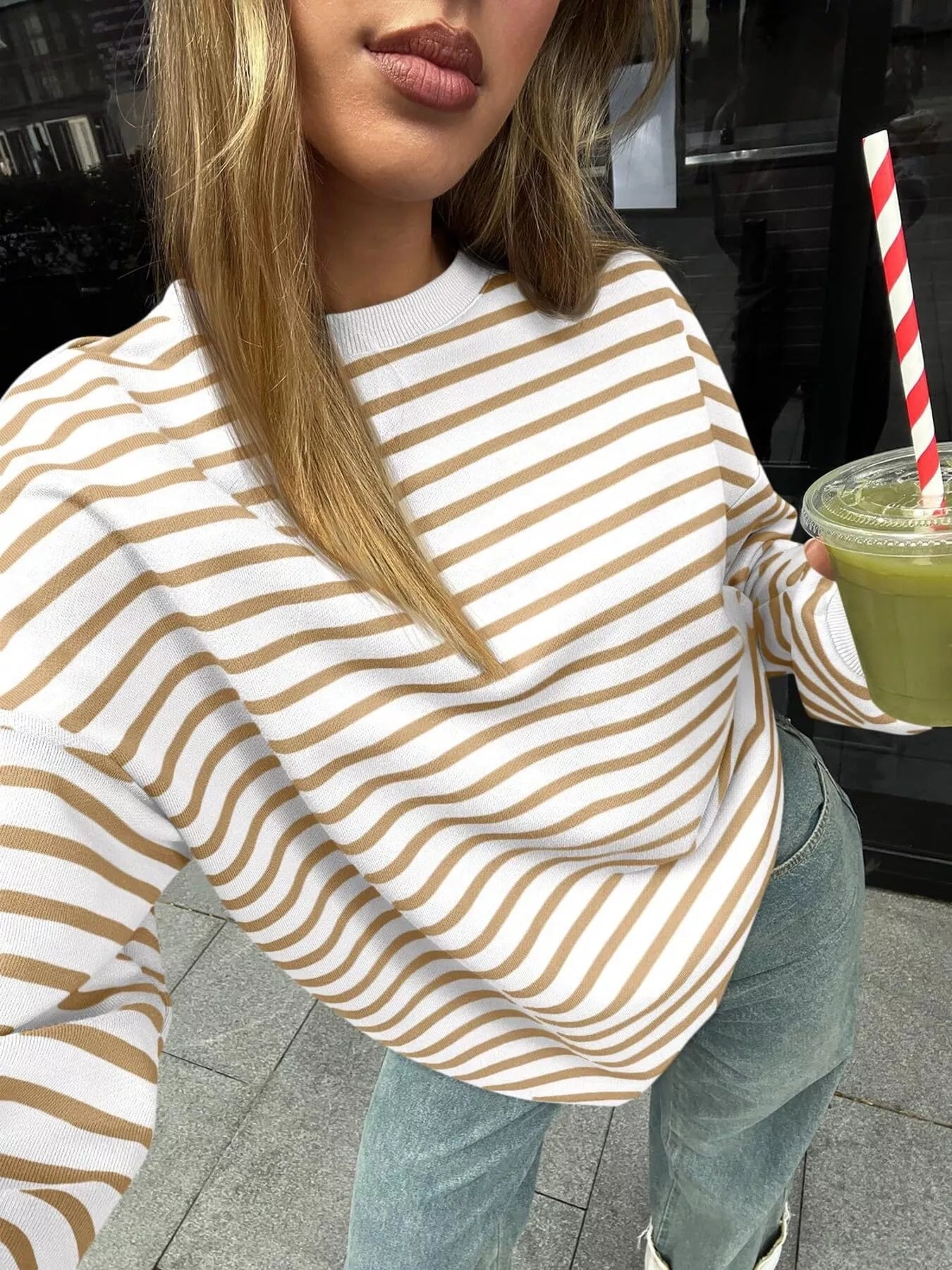 Striped Round Neck Oversized Casual Sweatshirt - Trendsi | Lola Mariee