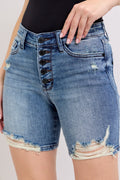 Judy Blue Button Fly Mid Length Denim Shorts W/ Destroy - women's bottoms at Lola Mariee boutique