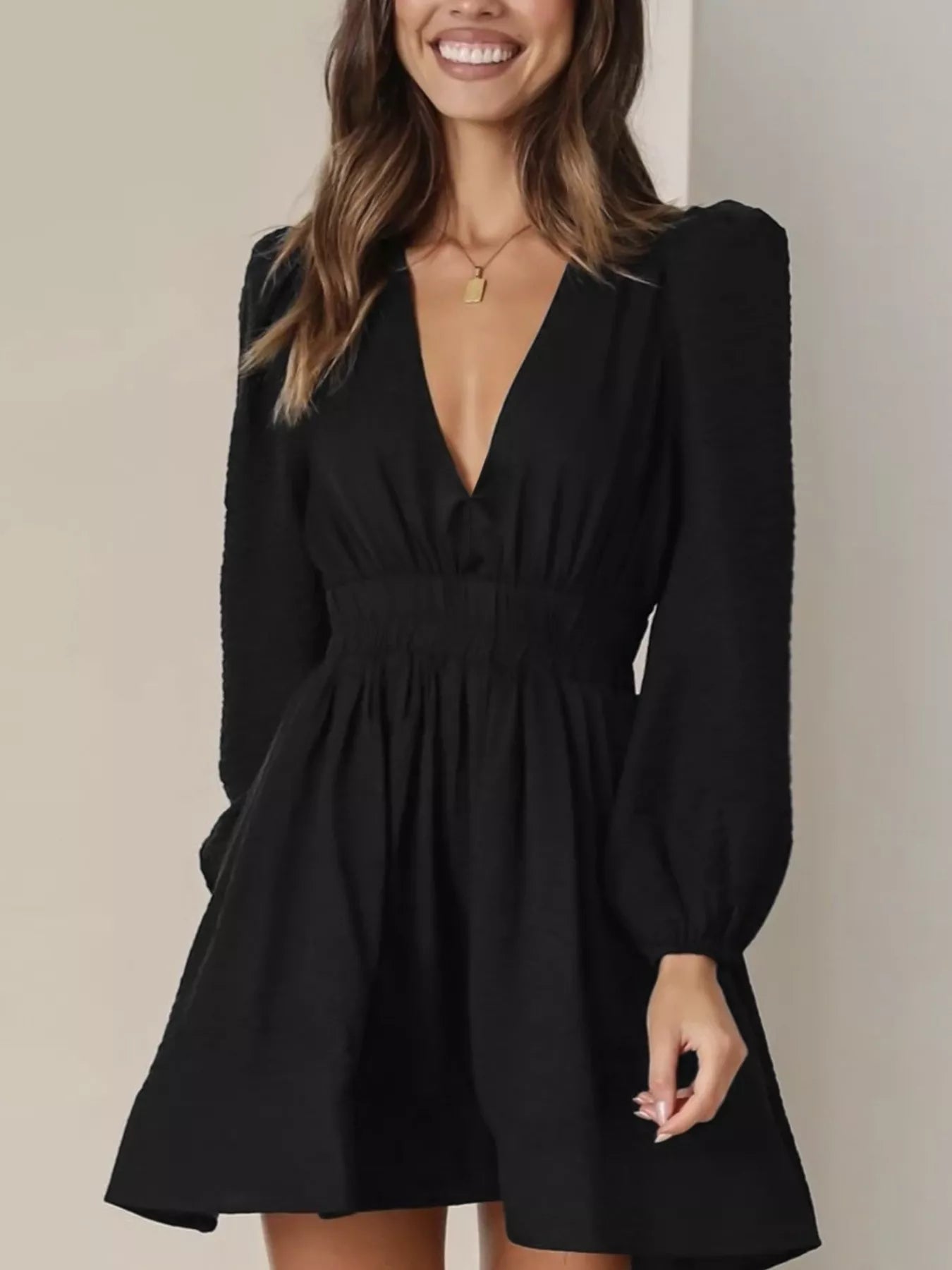 V-Neck Long Sleeve Mini Dress - Trendsi | Lola Mariee