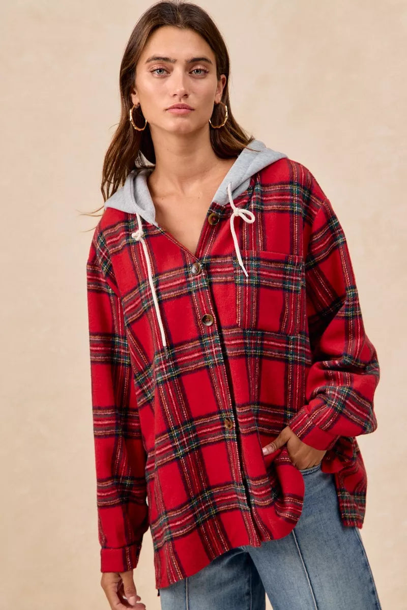 BiBi Brushed Plaid Hooded Jacket - Trendsi | Lola Mariee